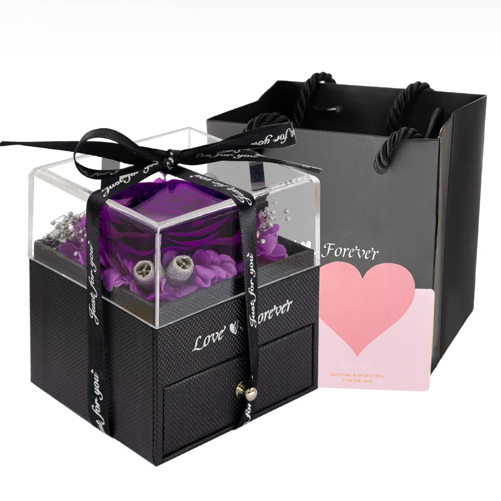 Eternal Rose with Necklace Earrings Set Birthday Gifts for Women Mom Preserved Real Flowers Mothers Day Valentines Day Gifts Anniversary Jewelry Sets for Women Grandma Wife Girlfriend Her (Purple)