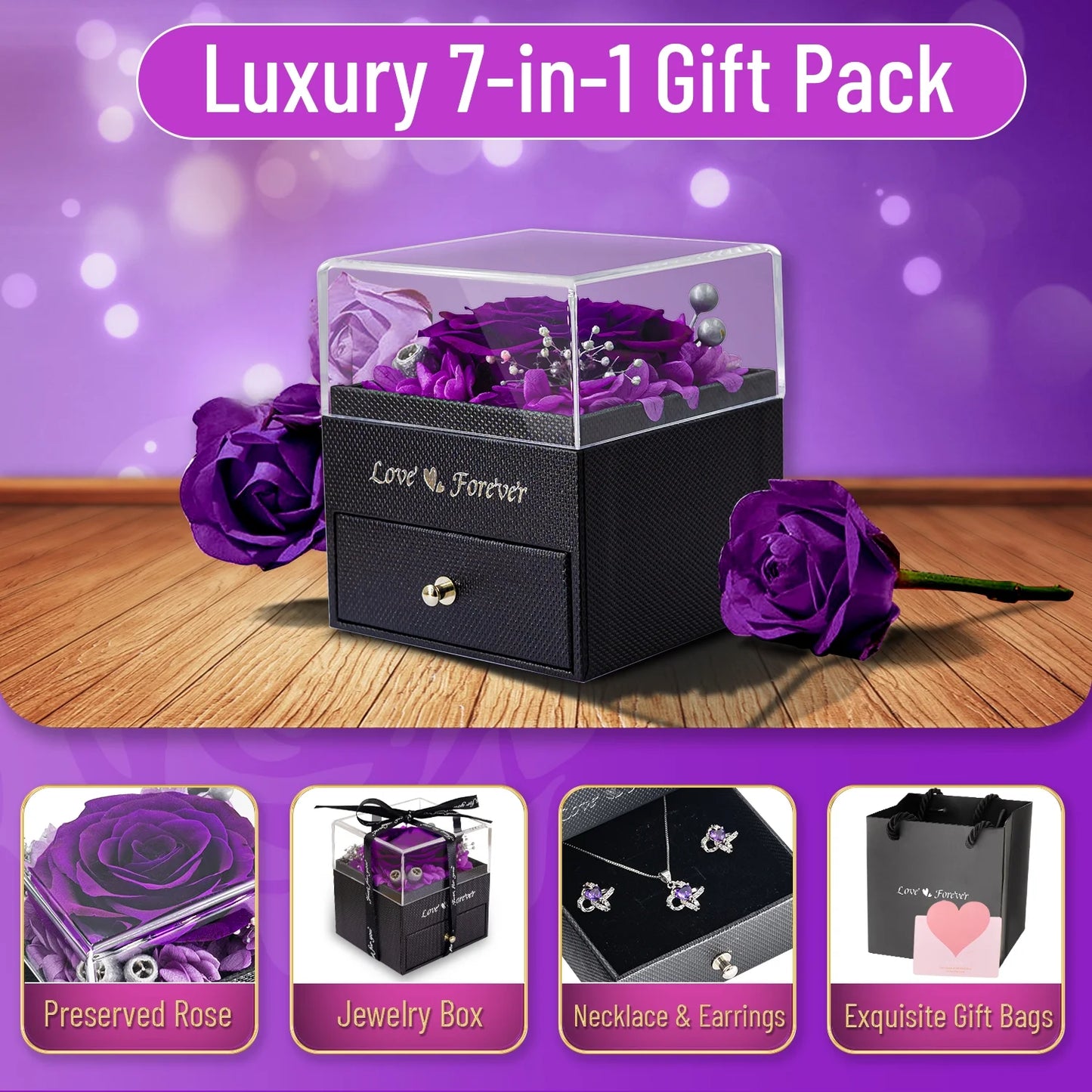 Eternal Rose with Necklace Earrings Set Birthday Gifts for Women Mom Preserved Real Flowers Mothers Day Valentines Day Gifts Anniversary Jewelry Sets for Women Grandma Wife Girlfriend Her (Purple)