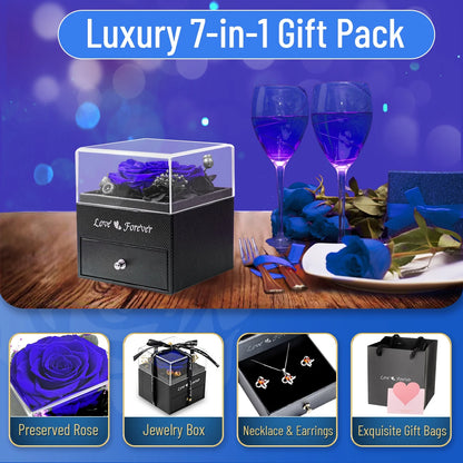Eternal Rose with Necklace Earrings Set Birthday Gifts for Women Mom Preserved Real Flowers Mothers Day Valentines Day Gifts Anniversary Jewelry Sets for Women Grandma Wife Girlfriend Her (Royal Blue)