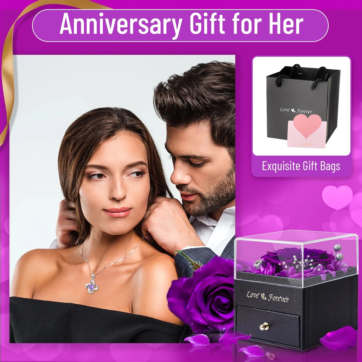 Eternal Rose with Necklace Earrings Set Birthday Gifts for Women Mom Preserved Real Flowers Mothers Day Valentines Day Gifts Anniversary Jewelry Sets for Women Grandma Wife Girlfriend Her (Purple)