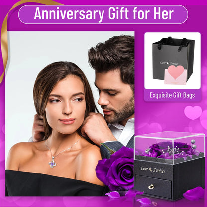 Eternal Rose with Necklace Earrings Set Birthday Gifts for Women Mom Preserved Real Flowers Mothers Day Valentines Day Gifts Anniversary Jewelry Sets for Women Grandma Wife Girlfriend Her (Purple)