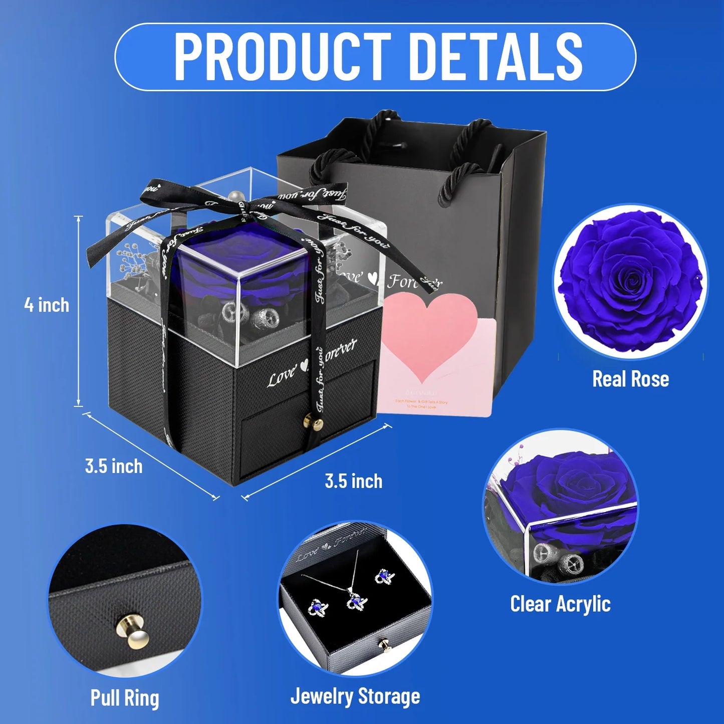 Eternal Rose with Necklace Earrings Set Birthday Gifts for Women Mom Preserved Real Flowers Mothers Day Valentines Day Gifts Anniversary Jewelry Sets for Women Grandma Wife Girlfriend Her (Royal Blue)