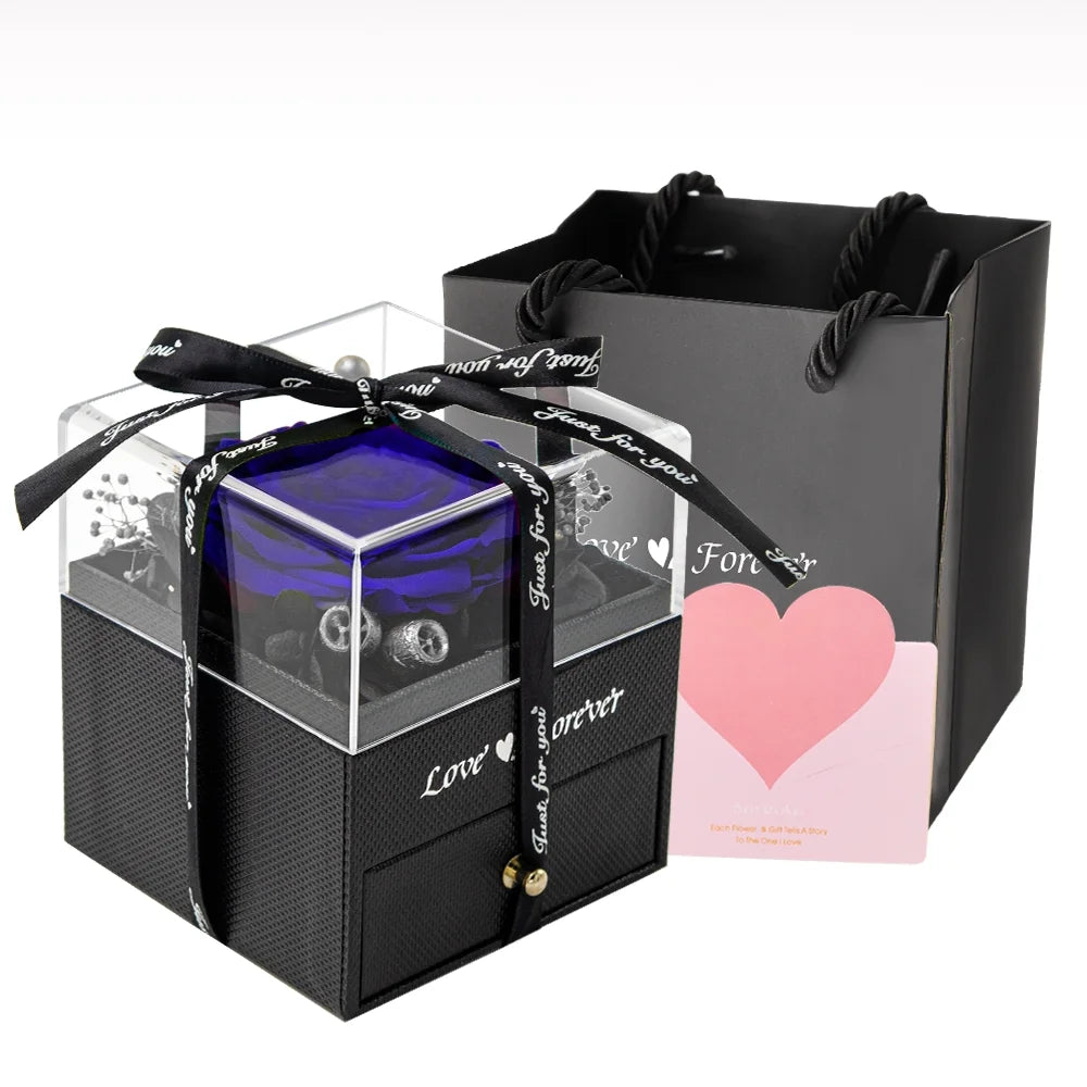 Eternal Rose with Necklace Earrings Set Birthday Gifts for Women Mom Preserved Real Flowers Mothers Day Valentines Day Gifts Anniversary Jewelry Sets for Women Grandma Wife Girlfriend Her (Royal Blue)