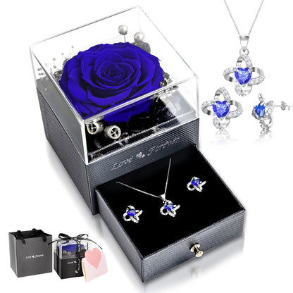 Eternal Rose with Necklace Earrings Set Birthday Gifts for Women Mom Preserved Real Flowers Mothers Day Valentines Day Gifts Anniversary Jewelry Sets for Women Grandma Wife Girlfriend Her (Royal Blue)