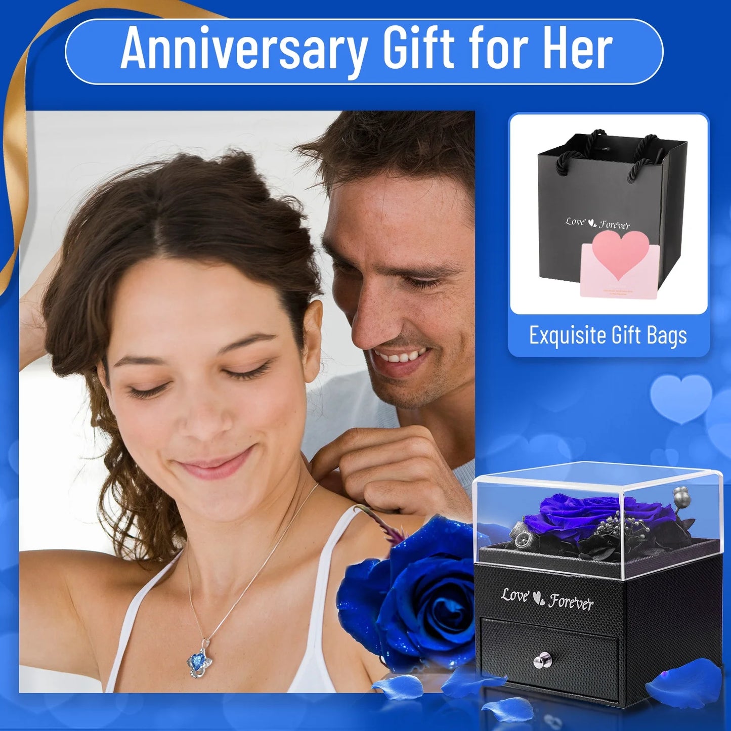 Eternal Rose with Necklace Earrings Set Birthday Gifts for Women Mom Preserved Real Flowers Mothers Day Valentines Day Gifts Anniversary Jewelry Sets for Women Grandma Wife Girlfriend Her (Royal Blue)